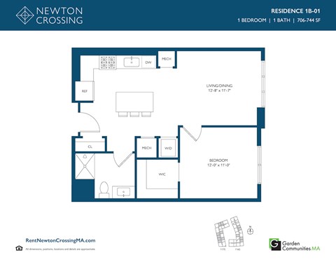 Floor plan for 1 bed, 1 bath, 744 sqft